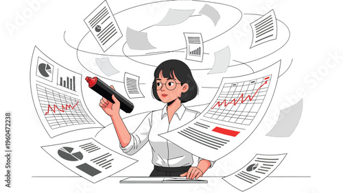 Businesswoman analyzing financial data and reports, surrounded by swirling documents with charts and graphs. Business analytics and productivity.