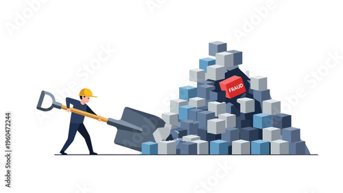 Worker shoveling through data cubes, discovering a red 'ERROR' block. Data analysis, problem-solving, and debugging concept.