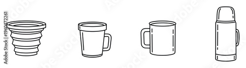 Selection of essential beverage containers including a collapsible cup, travel mug, classic mug, and insulated thermos, perfect for illustrating daily routines and onthego hydration needs.