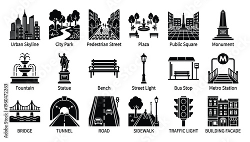 Essential urban and public space icons for city planning, architecture, and transportation projects, providing clear visual communication for maps, infographics, and mobile applications.
