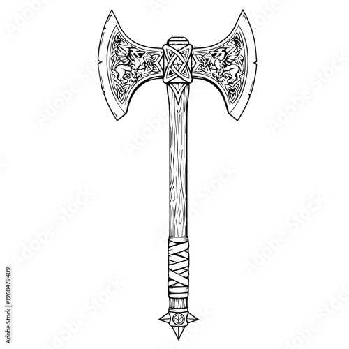 Intricately Designed Medieval Battle Axe Illustration with Ornamental Detailing.