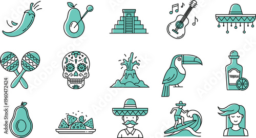 Mexican culture line icon set with avocado taco sombrero guitar tequila maracas skull cactus vector illustration collection