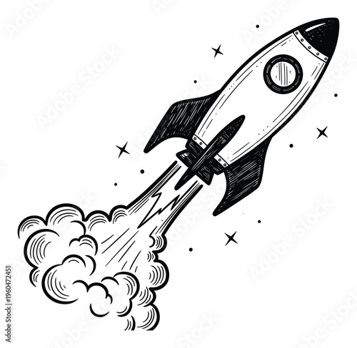 A black and white hand drawn rocket blasting off into space with smoke and stars is an excellent graphic for themes of progress innovation and success