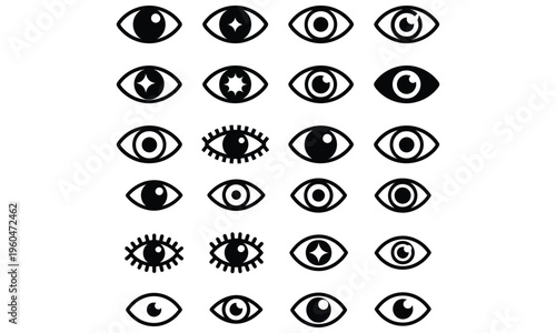 Eye icons collection with vision view and visibility symbols in outline and solid styles