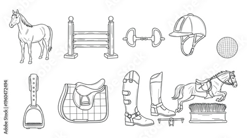 Comprehensive collection of equestrian sport equipment and horse riding accessories including saddle, boots, helmet, and jumping obstacles for educational materials or sports publications