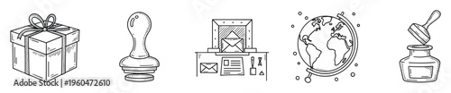 Various hand drawn postage and office supplies including a gift box rubber stamp desk setup with mail globe and inkwell useful for business communication and global delivery service concepts