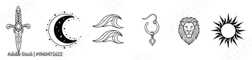 Mystical black and white outline symbols of a powerful dagger, celestial moon, ocean waves, stylish earring, majestic lion, and radiant sun, ideal for spiritual or tattoo themed graphic