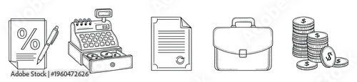 Collection of essential business and finance concepts depicted in a simple linear style, perfect for financial articles, educational materials, or corporate presentations requiring clear