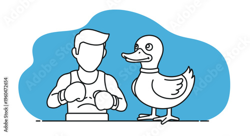 A conceptual line art illustration featuring a boxer and a curious duck