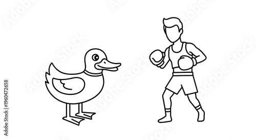 Whimsical line art portraying a duck confronting a boxer in a lighthearted cartoon style