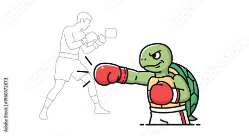A determined cartoon turtle boxer in red gloves bravely confronts an invisible opponent with a