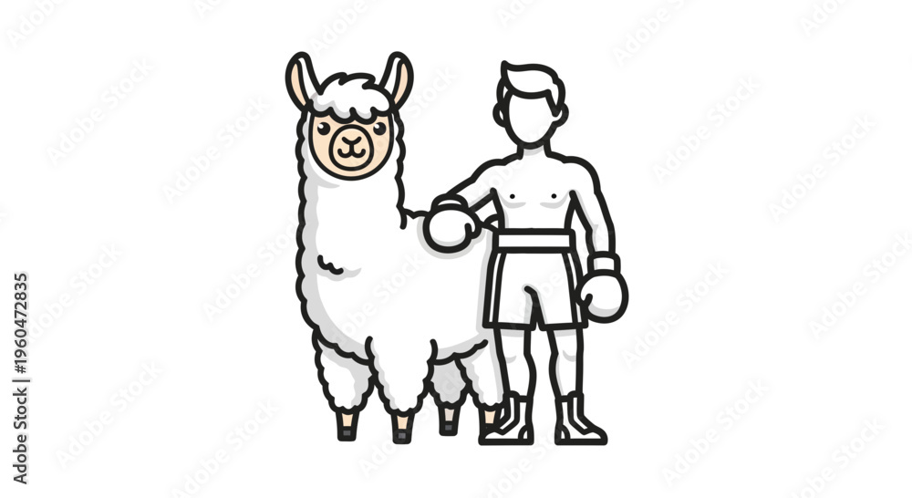 Naklejka premium Charming illustration of a friendly llama posing with a confident boxer ready for the ring