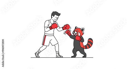 Dynamic line art featuring a friendly boxing bout between a cheerful man and a vibrant red panda