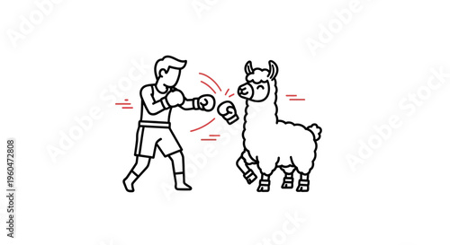 Whimsical line art illustration of a man boxing with a llama wearing gloves in a comical sparring
