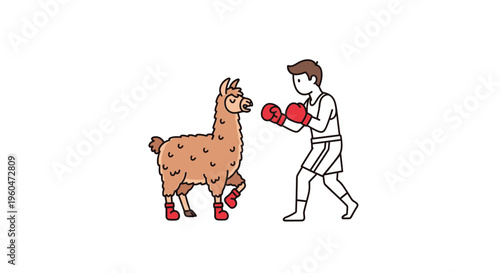 Humorous cartoon of a person and a llama ready for a boxing match in a unique showdown