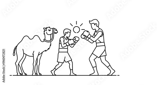Minimalist line illustration depicting a desert camel observing two energetic boxers sparring