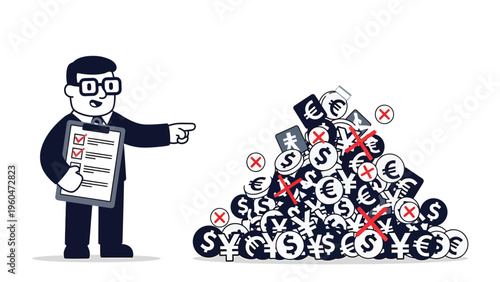 Business character making financial decisions, rejecting unsuitable funds with a checklist illustration