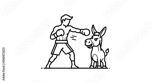 Dynamic line art featuring an athlete in boxing gear confronting a cheerful cartoon donkey