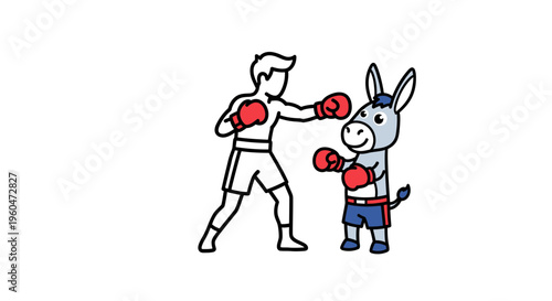 Minimalist outline drawing depicting a human boxer engaged in a friendly spar with a cheerful