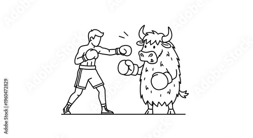 A line art illustration depicting a boxer challenging a strong, horned beast in a cartoon style