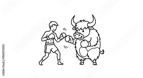 Whimsical cartoon illustration of a determined human boxer sparring with a strong, furry yak in