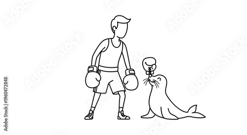 Amusing line art of a boxer watching a circus seal expertly balancing a tiny boxing glove on its