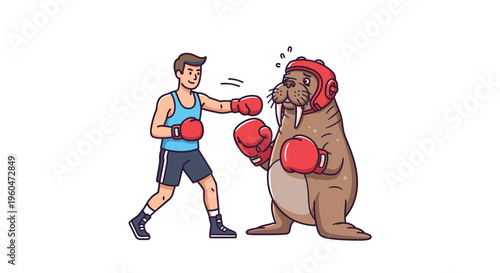Whimsical cartoon depiction of an unexpected boxing match between a determined man and a surprised