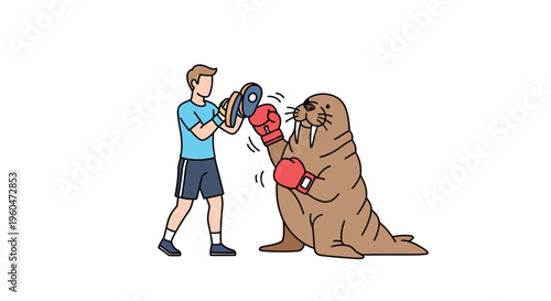 Playful cartoon showing a human trainer working out with an athletic walrus boxer