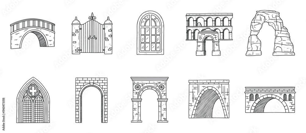 Obraz premium Collection of diverse hand drawn architectural structures including ancient bridges, classic arches, ornate gates, and traditional windows, suitable for historical education and graphic