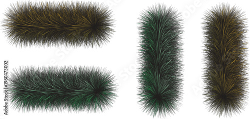 Set of fluffy chenille microfiber duster rollers, realistic 3D render, teal and mustard cleaning brush sleeves isolated on white background