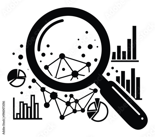 Magnifying glass examining complex datasets with intricate network graphs, bar charts, and pie diagrams, representing thorough data analysis and scientific research for business