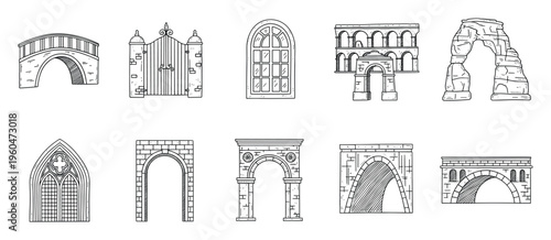 Collection of diverse hand drawn architectural structures including ancient bridges, classic arches, ornate gates, and traditional windows, suitable for historical education and graphic