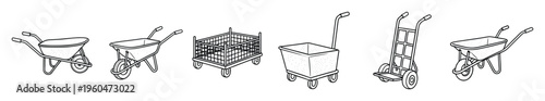 Essential range of manual transportation tools including garden wheelbarrows, sturdy hand trucks, and versatile utility carts, perfect for efficient material handling tasks in construction,