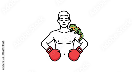 A smiling shirtless boxer with red gloves and a small green lizard perched calmly on his shoulder