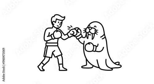 Whimsical line art illustration of a human boxer engaging in a friendly sparring match with a