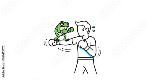 A minimalist illustration of a man engaged in a boxing struggle with a tiny amphibian opponent on