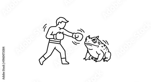 An unexpected fight: a human boxer squares up against a large, serious-looking toad in a bold line