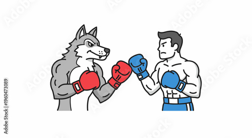 Dynamic cartoon illustration of a wolf versus a human boxer in a spirited competitive contest