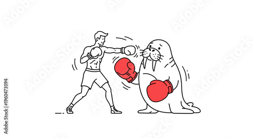 Engaging illustration of a man throwing a punch at a walrus, both wearing boxing gloves