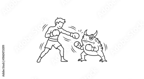 Humorous illustration of a determined boxer facing off against a tough horned toad in a quirky fight