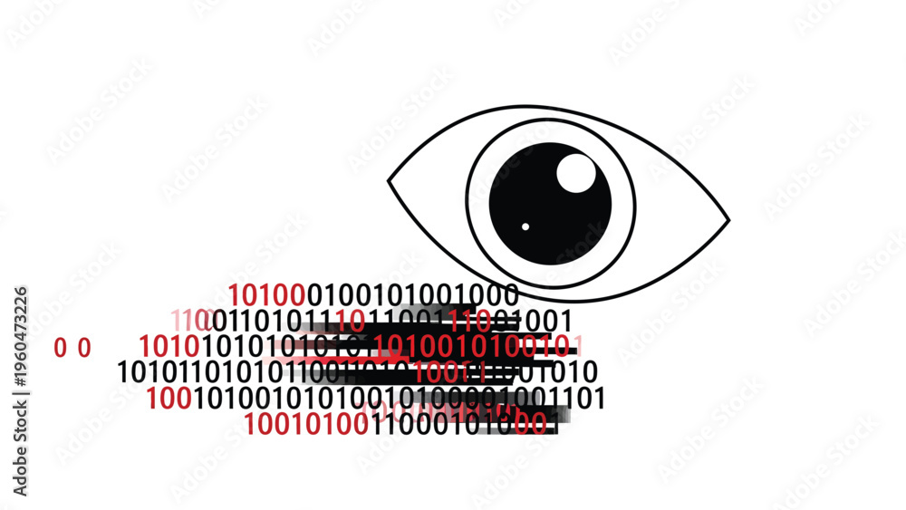 Obraz premium Digital eye icon with binary code data stream. Information flow, technology, surveillance, and privacy concept.