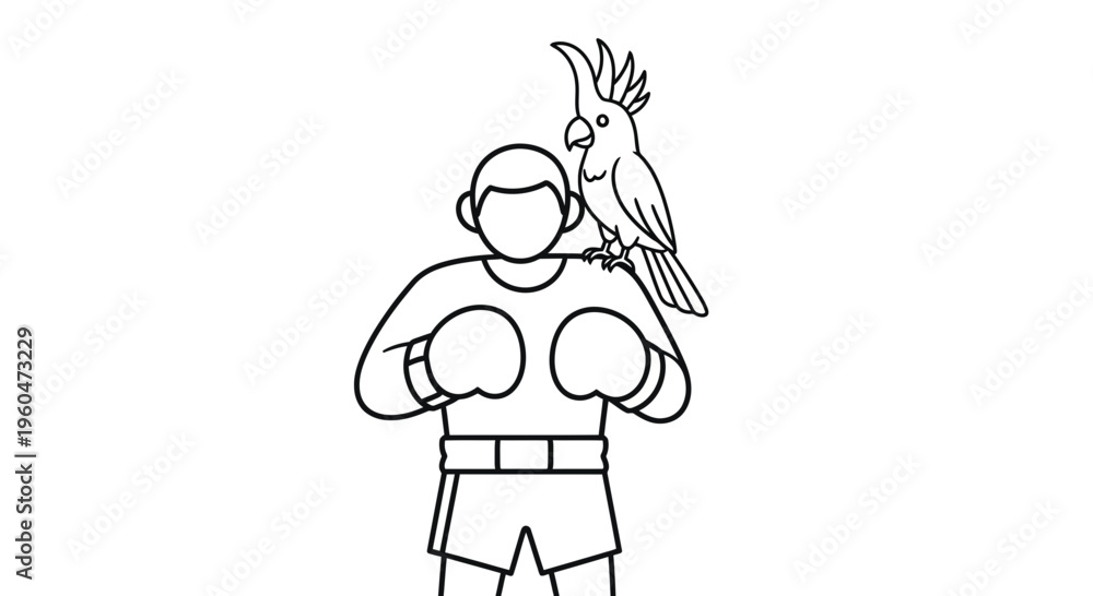 Fototapeta premium Stylized monochromatic line illustration featuring a determined boxer and their loyal cockatoo