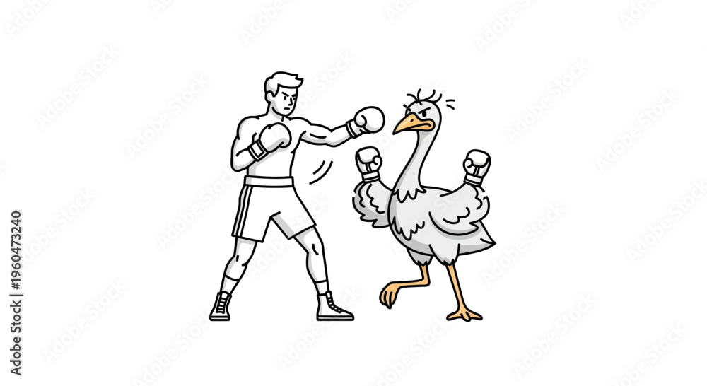 Obraz premium Quirky digital artwork depicting an unusual boxing match between a man and a feathery foe