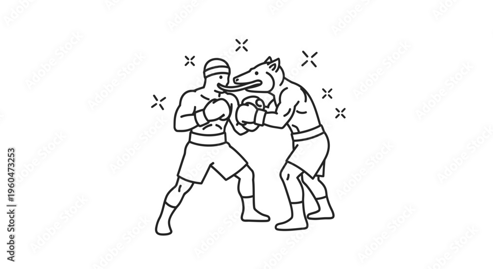 Fototapeta premium Line art illustration of an unusual boxing match between a human and an anthropomorphic dog with a