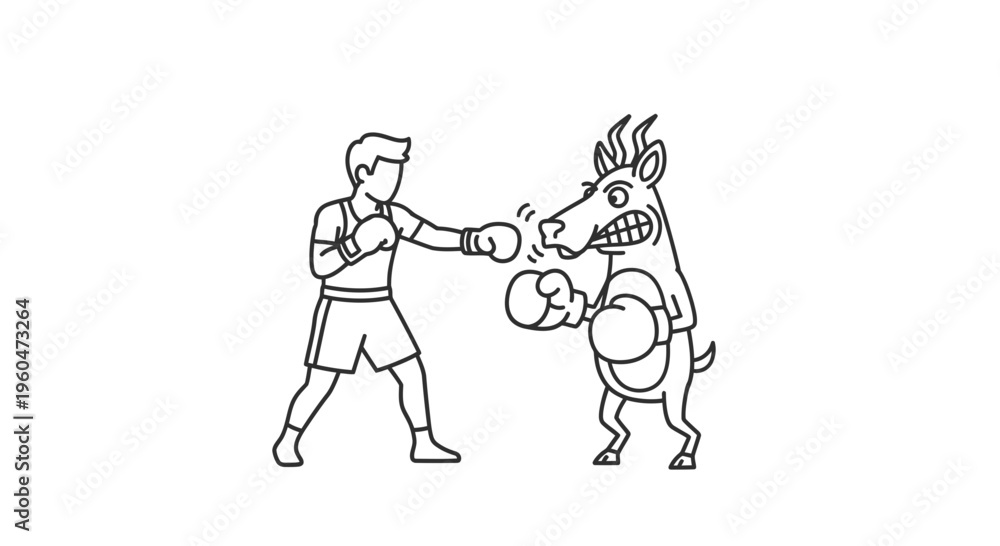 Fototapeta premium Humorous struggle between a determined pugilist and a feisty equine opponent delivering playful jabs
