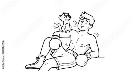 A heartwarming scene of a muscular boxer relaxing with his small meerkat friend