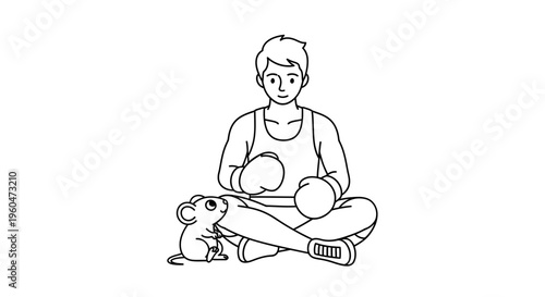 Meditative boxer in gloves sits peacefully with a small curious mouse companion, a heartwarming