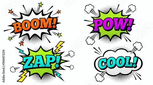 Colorful comic explosion speech bubbles with Boom, Pow, Zap and Cool text on white background in pop art halftone style, concept for comic book design, marketing and social media graphics