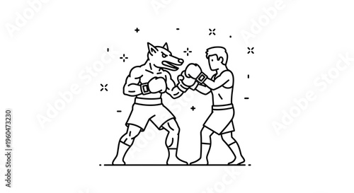 Dynamic boxing confrontation featuring a human fighter versus a strong canine challenger in a