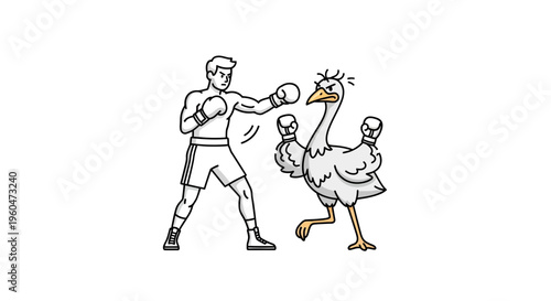 Quirky digital artwork depicting an unusual boxing match between a man and a feathery foe